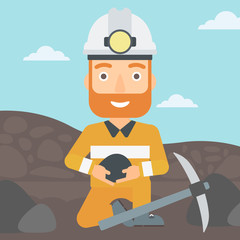 Wall Mural - A hipster man sitting with coal in hands and a pickaxe on the background of coal mine vector flat design illustration. Square layout.