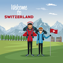 Mountain Landscape Valley Poster With Tourist Couple People And Text Welcome To Switzerland Vector Illustration