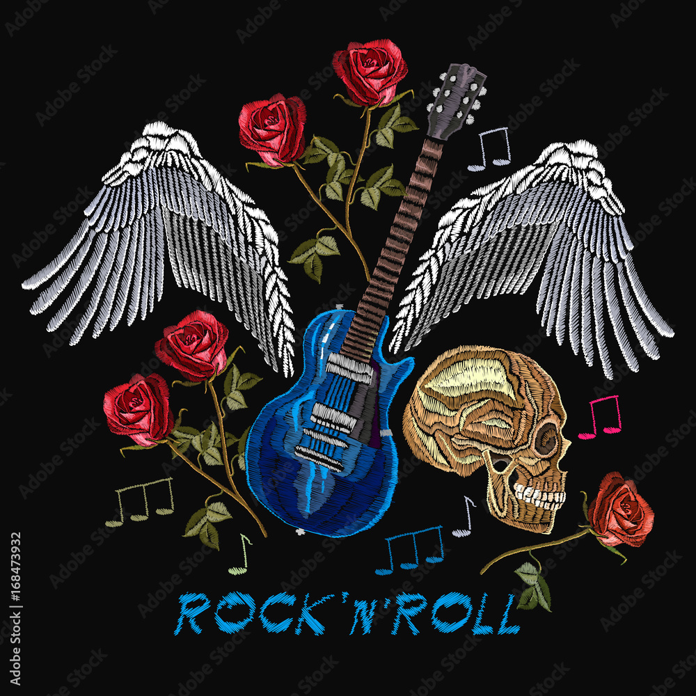Vector de Stock Rock n Roll embroidery, rock music print. Skull