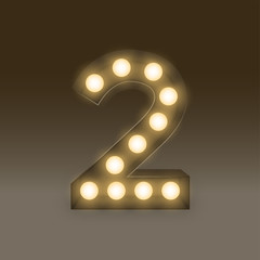 The letter number two or 2, in the alphabet Incandescent light bulb box set, illustration retro 3D style isolated glow in dark background