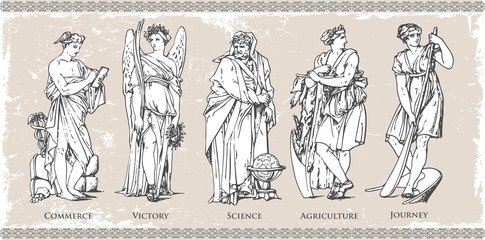 Ancient Roman and Greek historical figure and character set illustration in vintage vector file image on isolated background with wall texture