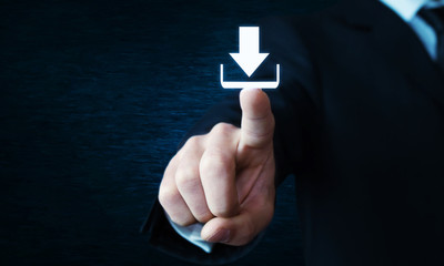 Canvas Print - businessman hand pushing button web download icon.