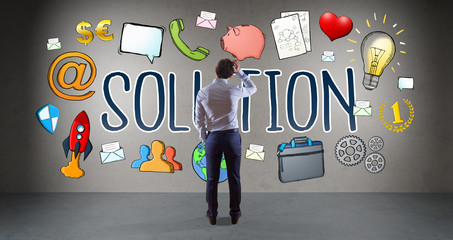 Poster - Businessman watching business sketch on a wall 3D rendering