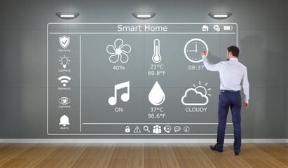 Poster - Businessman using smarthome interface on a wall 3D rendering