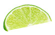 Ripe slice of green lime citrus fruit lying isolated on white background with clipping path
