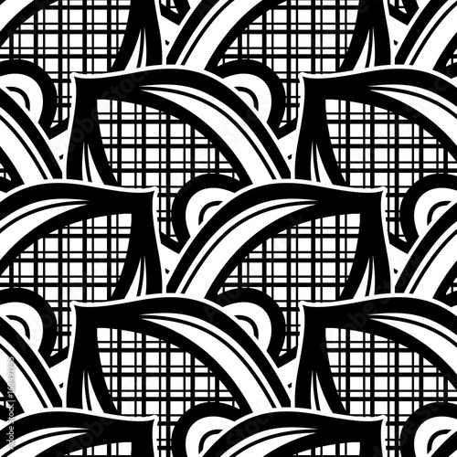 Fototapeta Black and White Seamless Pattern with Ethnic Motifs Endless Texture with Abstract Design Element Art Deco, Nouveau, Islamic, Arabic Style Pressured Printing Template Vector Contour Illustration