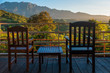 Kota Kinabalu mountain view from hotel room with chairs
