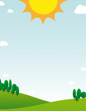 Illustration Of Sunny Day With Blue Sky, Nice Green Meadow Or Pasture With Enough Copyspace, Portrait Crop