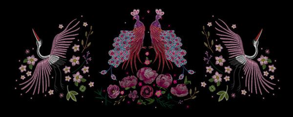  Large floral collection. Set Peony. Traditional folk stylish stylish floral embroidery on the black background. Sketch for printing on clothing, fabric, masks, accessories and design. Trend vector