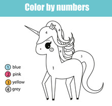 Coloring Page With Unicorn Character. Color By Numbers Educational Children Game, Drawing Kids Activity