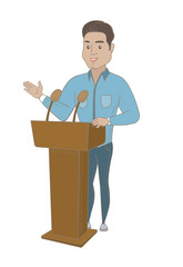 Canvas Print - Hispanic politician speaking to audience from tribune. Young politician standing behind tribune with microphones and giving a speech. Vector sketch cartoon illustration isolated on white background.