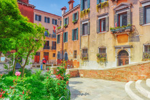  View Of The Most Beautiful Places Of Venice, Narrow Streets, Houses, City Squares. Italy.