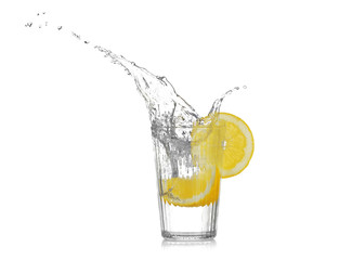 Poster - Fresh slice of lemon falling into glass with water on white background