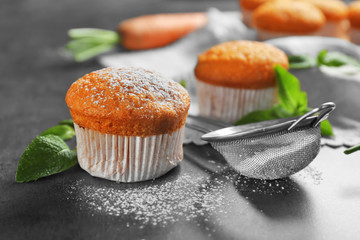 Sticker - Composition with delicious carrot muffin on grunge table