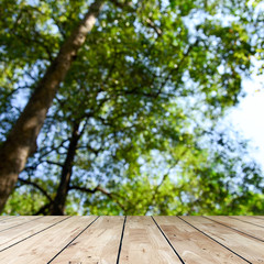 Wall Mural - Wood table top on blur green background of trees in the park.