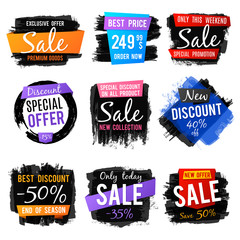 Discount and price tag, sale banners with grange brushed frames and distressed textures vector set