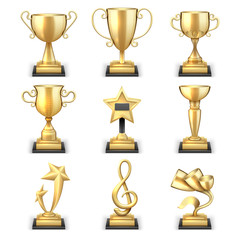 Wall Mural - Realistic golden trophy cups and sports awards vector set
