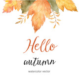 Fototapeta  - Watercolor autumn sale banner of leaves and branches isolated on white background.