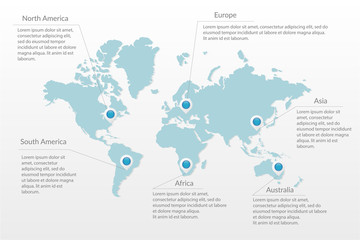 Vector world map infographic symbol. North South America, Europe, Asia, Africa, Australia map pointers. International illustration sign. Template elements for business, presentation, project, sample