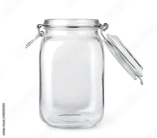 Photographie Opened empty glass jar isolated on a white background