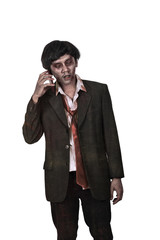 Poster - Portrait of creepy asian zombie man in suit call via cellphone