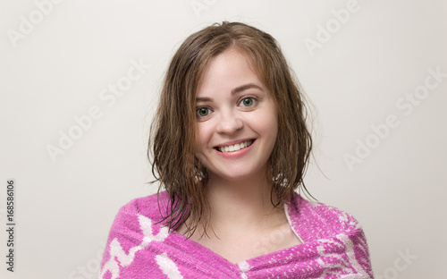 Portrait Photo Of Smiling Pretty Girl With Bob Hairstyle And Wet