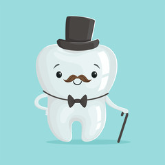 Sticker - Cute healthy white cartoon tooth gentleman character wearing black top hat, childrens dentistry concept vector Illustration