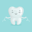 Cute healthy white cartoon tooth character cleaning itself with dental floss, oral dental hygiene, childrens dentistry concept vector Illustration