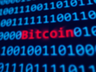 Poster - Bitcoin red text between random binary data on pixels screen 3D rendered with depth of field