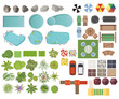 © bsvit - Set Landscape elements, top view. Garden, tree, lake, swimming pools, bench, table.Landscaping symbols, Outdoor furniture set isolated on white