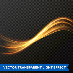 Light line gold swirl effect. Vector glitter light fire flare trace. Magic sparkle swirl trail effect on transparent background. Bokeh light glitter round wave line with sparkling particles