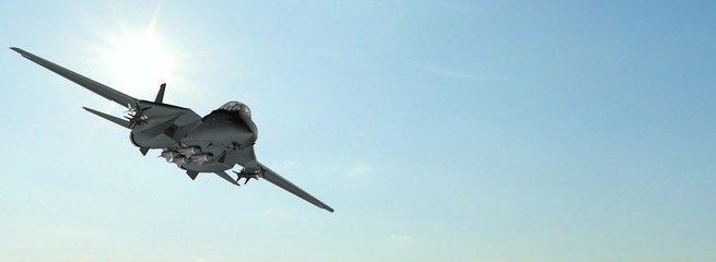 Wall Mural - 
armed military fighter jet in flight on the sky background 