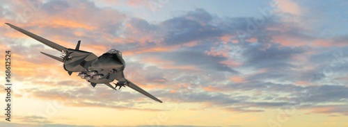 Plakat uzbrojony myśliwca wojskowego w locie na tle nieba