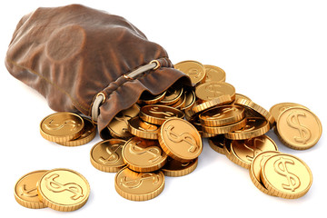 Wall Mural - Gold coins fall out of a leather sack. Isolated on white background. 3D illustration.