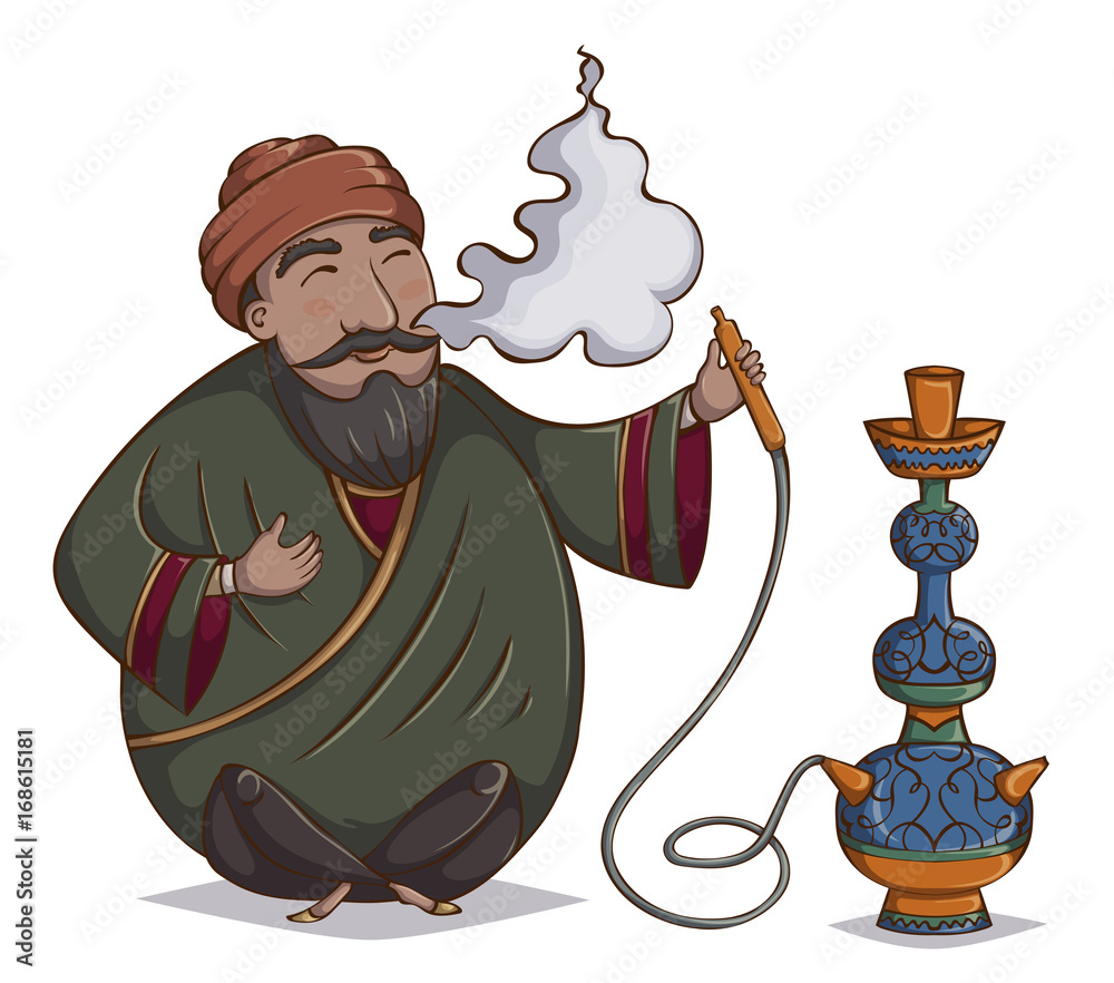Arab man smoke hookah. Cartoon character. Vector illustration Stock Vector  | Adobe Stock, image size:1000x882