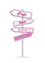 Pink Road Signs Cafe Gym SPA Shopping Isolated On White Background
