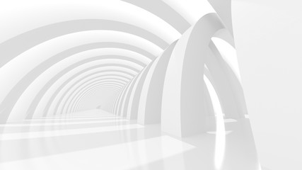 Futuristic white corridor with abstract columns and bright sunlight. 3D Rendering.