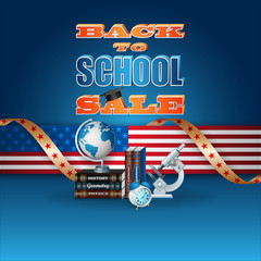 Poster - Back to school design, background with school supplies and 3d texts for autumn sales, commercial event in America; Vector illustration