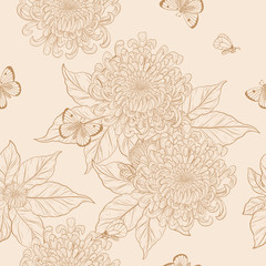 Sticker - Chrysanthemum pattern on vintage  background.Flower wallpaper by hand drawing.Butterfly with flower vintage wallpaper vector.