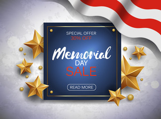 Memorial day sale banner with flag and golden stars. Vector