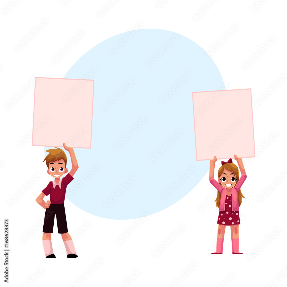 Two kids holding blank empty posters over head, cartoon vector ...