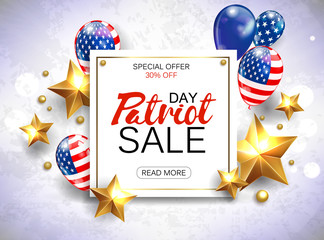 Wall Mural - Memorial day sale promotion advertising banner template decor with golden stars and American flag balloons design. Vector illustration .