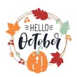 hello October, bright fall leaves and lettering composition