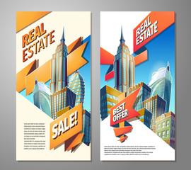 Wall Mural - Set of vector cartoon illustrations, banners, urban backgrounds with modern big city buildings, skyscrapers, business centers and space for your text. Advertising posters for sale of real estate.