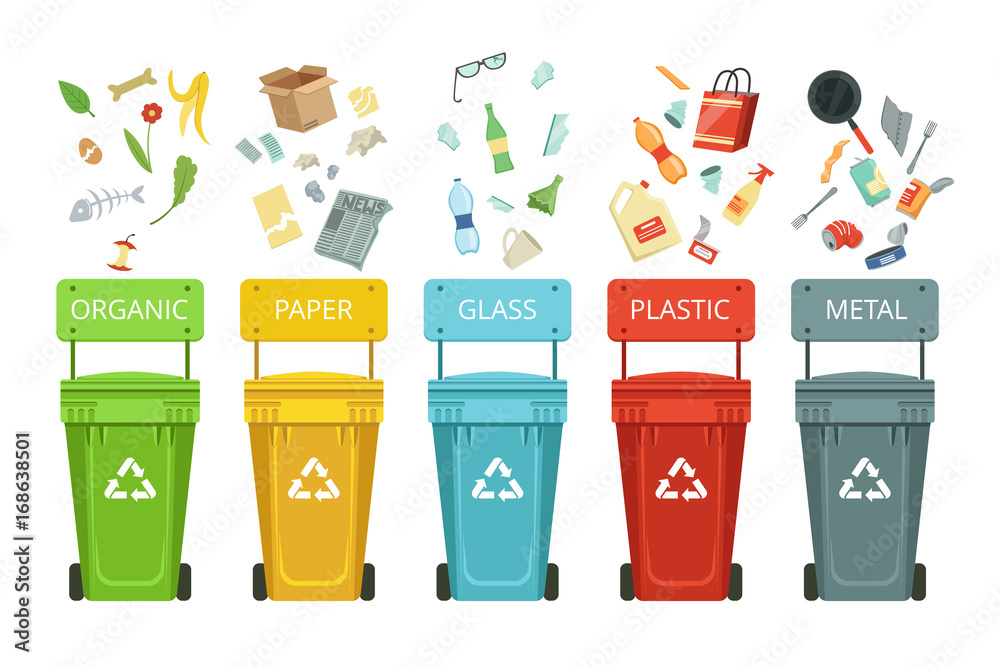Plastic containers for garbage of different types. Vector illustrations ...