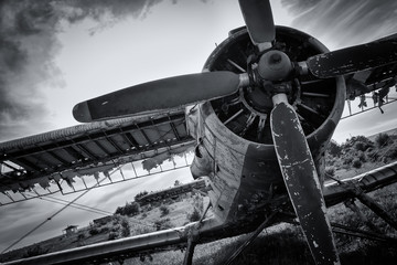 Fototapete - Old airplane on field in black and white