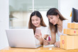 © Kiattisak - Young asian girl together teamwork freelancer business private working at home office with laptop, note, mobile, packaging delivery online market on purchase checking orders to customer.