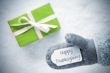 Wall Mural - Green Gift, Glove, Text Happy Thanksgiving, Snowflakes