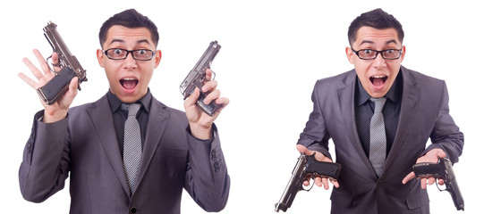 Wall Mural - Funny businessman with gun on white