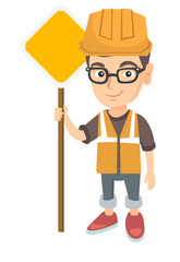 Sticker - Little caucasian builder boy holding road sign. Smiling boy in a builder reflective vest and hard hat standing near road sign. Vector sketch cartoon illustration isolated on white background.